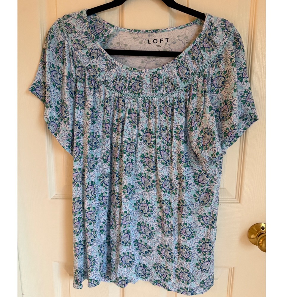 Loft Womens Blue Green Floral Paisley Scoop Neck Crochet Trim Knit Top Large